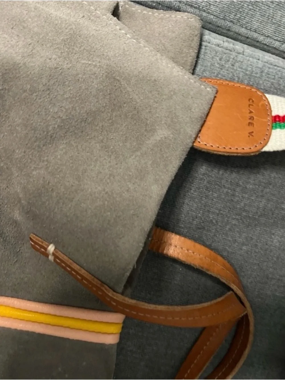 CLARE V. Accent Striped Dark Gray Italian Suede Tote Bag